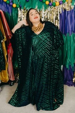 Fringe Co Caftan Club Collection Green Iridescent Sequin Embroidered Long Caftan