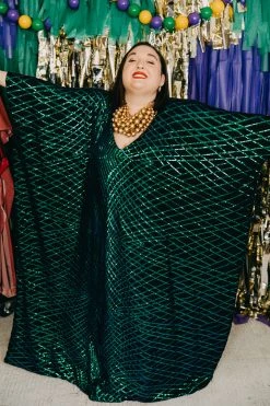 Fringe Co Caftan Club Collection Green Iridescent Sequin Embroidered Long Caftan