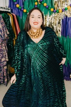 Fringe Co Caftan Club Collection Green Iridescent Sequin Embroidered Long Caftan
