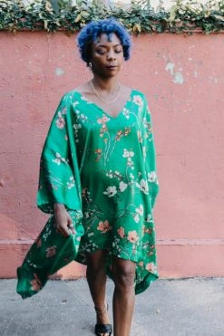 Fringe Co Caftan Club Collection Green Floral Silk Short Caftan