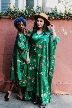 Fringe Co Caftan Club Collection Green Floral Silk Short Caftan