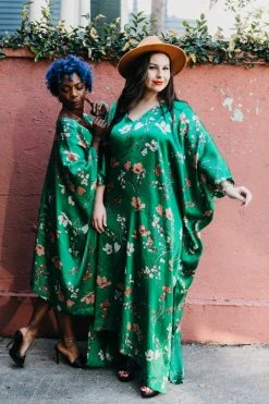 Fringe Co Caftan Club Collection Green Floral Silk Long Caftan