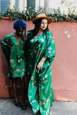 Fringe Co Caftan Club Collection Green Floral Silk Short Caftan