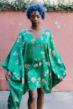 Fringe Co Caftan Club Collection Green Floral Silk Short Caftan