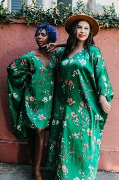 Fringe Co Caftan Club Collection Green Floral Silk Long Caftan