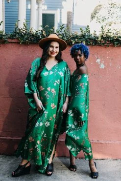 Fringe Co Caftan Club Collection Green Floral Silk Long Caftan