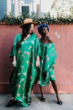 Fringe Co Caftan Club Collection Green Floral Silk Short Caftan
