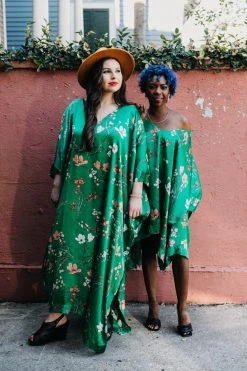 Fringe Co Caftan Club Collection Green Floral Silk Long Caftan