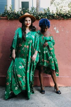 Fringe Co Caftan Club Collection Green Floral Silk Short Caftan