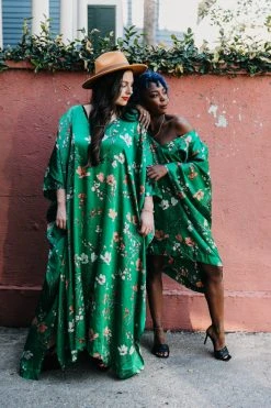 Fringe Co Caftan Club Collection Green Floral Silk Long Caftan