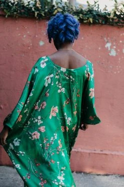Fringe Co Caftan Club Collection Green Floral Silk Short Caftan