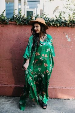 Fringe Co Caftan Club Collection Green Floral Silk Long Caftan