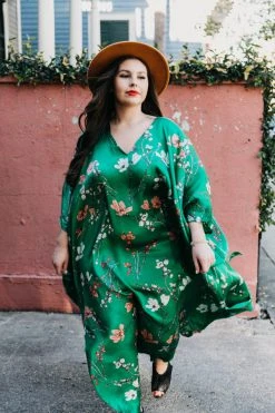 Fringe Co Caftan Club Collection Green Floral Silk Long Caftan