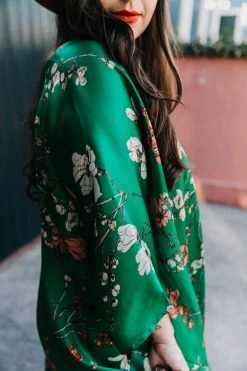 Fringe Co Caftan Club Collection Green Floral Silk Long Caftan