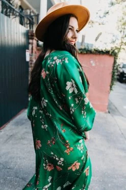 Fringe Co Caftan Club Collection Green Floral Silk Long Caftan