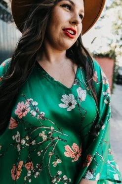 Fringe Co Caftan Club Collection Green Floral Silk Long Caftan