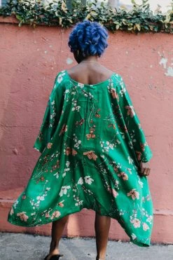 Fringe Co Caftan Club Collection Green Floral Silk Short Caftan