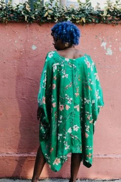 Fringe Co Caftan Club Collection Green Floral Silk Short Caftan