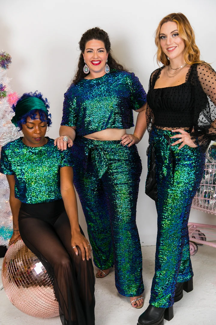 Fringe Co Green Iridescent High Waisted Sequin Pant Sequin Collection 7 Fringe Co Green Iridescent High Waisted Sequin Pant Sequin Collection
