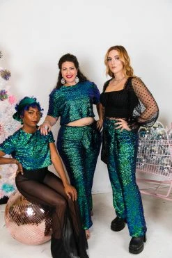 Fringe Co Green Iridescent High Waisted Sequin Pant Sequin Collection