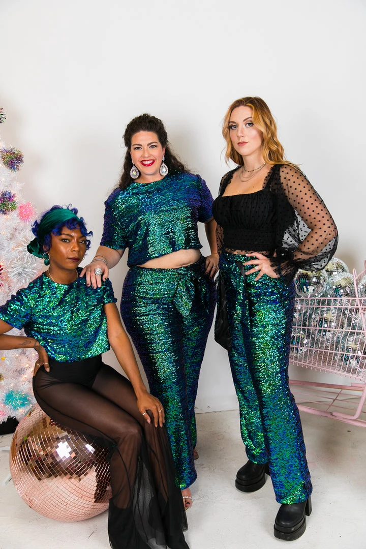 Fringe Co Green Iridescent High Waisted Sequin Pant Sequin Collection 1 Fringe Co Green Iridescent High Waisted Sequin Pant Sequin Collection