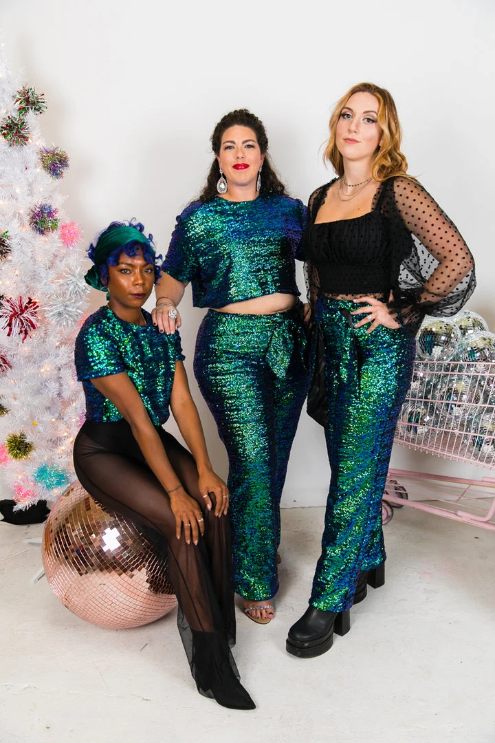 Fringe Co Green Iridescent High Waisted Sequin Pant Sequin Collection 5 Fringe Co Green Iridescent High Waisted Sequin Pant Sequin Collection