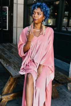 Fringe Co Caftan Club Collection Light Pink Velvet Long Caftan