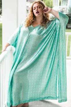 Fringe Co Caftan Club Collection Mint Green Sequin Long Caftan