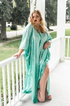 Fringe Co Caftan Club Collection Mint Green Sequin Long Caftan