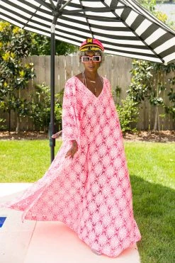 Fringe Co Neon Pink Embroidered Long Caftan
