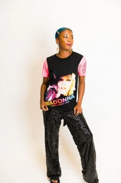 Fringe Co Party Tees Madonna Neon Pink Sequin Sleeve Party Tee