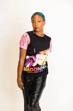 Fringe Co Party Tees Madonna Neon Pink Sequin Sleeve Party Tee