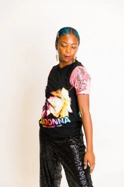 Fringe Co Party Tees Madonna Neon Pink Sequin Sleeve Party Tee