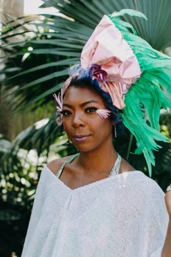 Fringe Co Pink Metallic With Green Feather Party Wrap