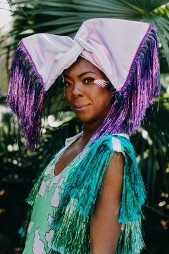 Fringe Co Lavender Satin With Purple Tinsel Fringe Party Wrap Party Wraps