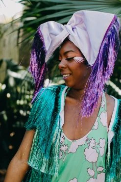 Fringe Co Lavender Satin With Purple Tinsel Fringe Party Wrap Party Wraps