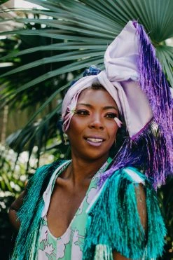 Fringe Co Lavender Satin With Purple Tinsel Fringe Party Wrap Party Wraps