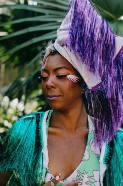 Fringe Co Lavender Satin With Purple Tinsel Fringe Party Wrap Party Wraps