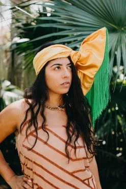 Fringe Co Gold Satin With Long Green Fringe Party Wrap