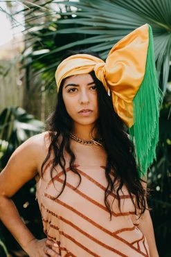 Fringe Co Gold Satin With Long Green Fringe Party Wrap