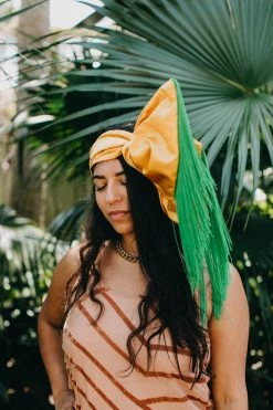 Fringe Co Gold Satin With Long Green Fringe Party Wrap