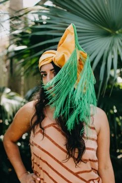 Fringe Co Gold Satin With Long Green Fringe Party Wrap