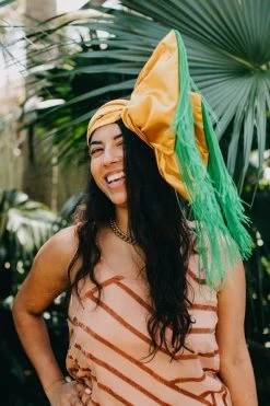 Fringe Co Gold Satin With Long Green Fringe Party Wrap