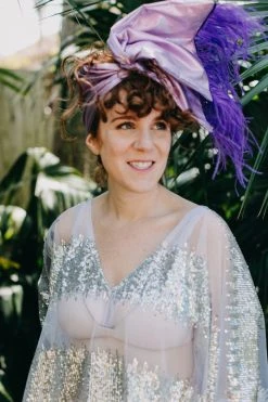 Fringe Co Party Wraps Purple Metallic With Purple Ostrich Feather Party Wrap