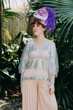 Fringe Co Party Wraps Purple Metallic With Purple Ostrich Feather Party Wrap