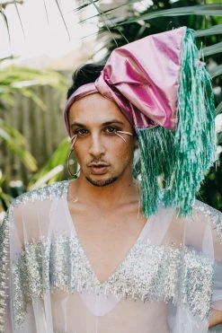 Fringe Co Party Wraps Pink Metallic With Teal Tinsel Trim Party Wrap