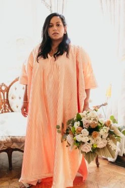 Fringe Co Light Pink Satin Accordion Long Caftan Shop Spring Sparkles