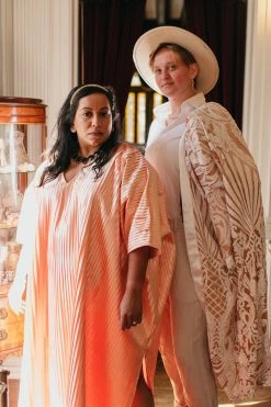 Fringe Co Light Pink Satin Accordion Long Caftan Shop Spring Sparkles