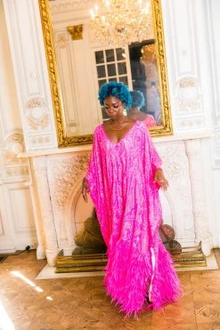 Fringe Co Pink Sequin Embroidered And Feather Long Caftan Caftan Club Collection 11 Fringe Co Pink Sequin Embroidered And Feather Long Caftan Caftan Club Collection