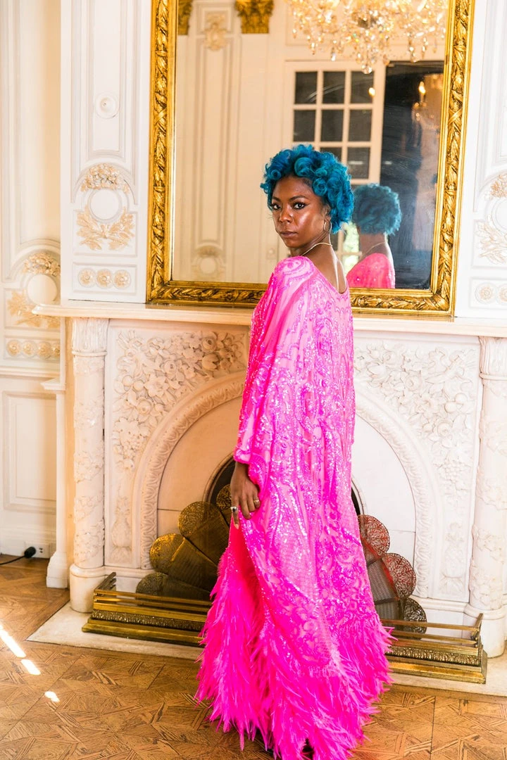 Fringe Co Pink Sequin Embroidered And Feather Long Caftan Caftan Club Collection 4 Fringe Co Pink Sequin Embroidered And Feather Long Caftan Caftan Club Collection